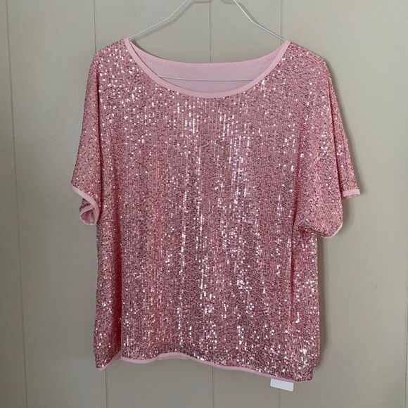Sucolan Pink Sequin Top NWT | Sparkly Short Sleeve Party Blouse Women’s Size L/X - Picture 1 of 8